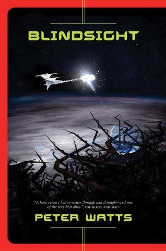 Cover of the Tor mass market paperback edition of Blindsight by Peter Watts, showing a dark humanoid silhouette against a stark white background split by a jagged black line.