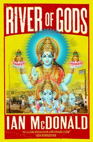 Cover of the Pyr trade paperback edition of River of Gods by Ian McDonald, showing an ornate golden mandala pattern against a dark red background.