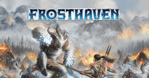 Box cover art for Frosthaven, showing a snow-covered outpost settlement under a dramatic aurora-lit night sky with a lone figure trudging through the drifts.