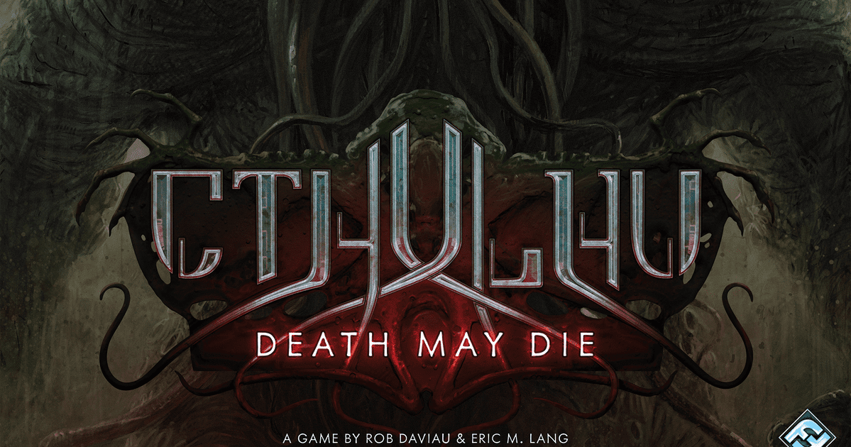 Box cover art for Cthulhu: Death May Die, showing an armed investigator confronting a towering tentacled Great Old One in a dark alley.