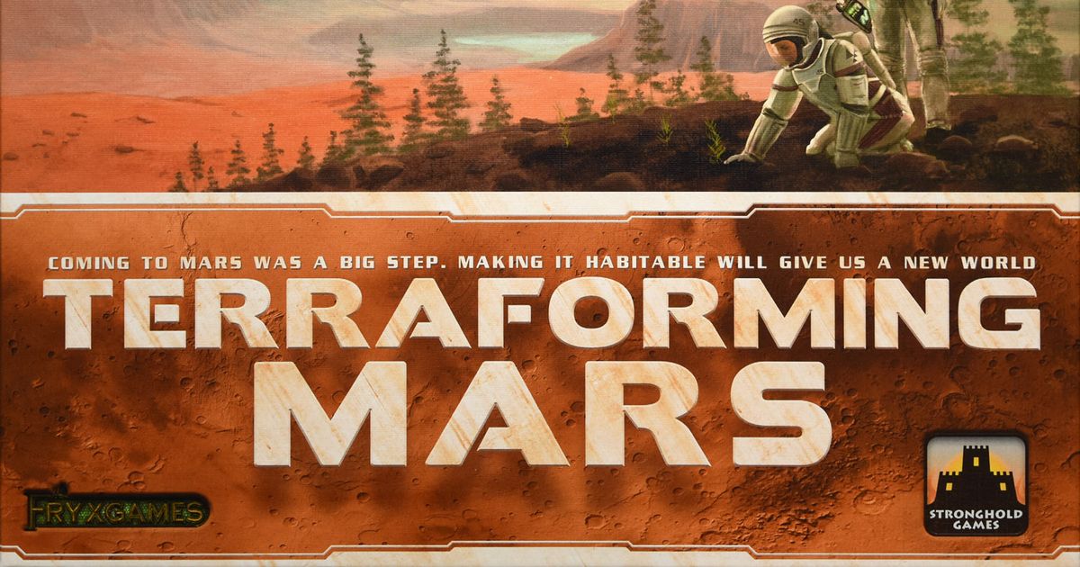 Box cover art for Terraforming Mars, showing a terraformed red planet with visible green vegetation and blue water against a starfield.